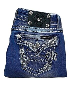 Miss Me Rhinestone Flap Pocket Skinny Jeans